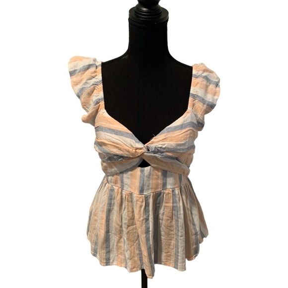 Loft Linen Blend Ruffle Sleeve Striped Blouse XSP NWT - Picture 1 of 6